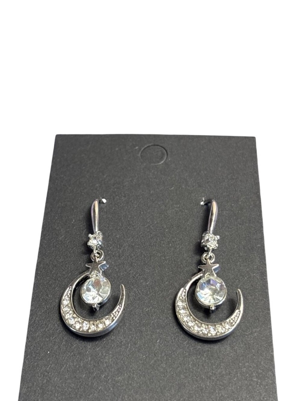 Silvertone Clear Rhinestone Crescent Moon Dangle Earrings Stars Celestial 1 inch